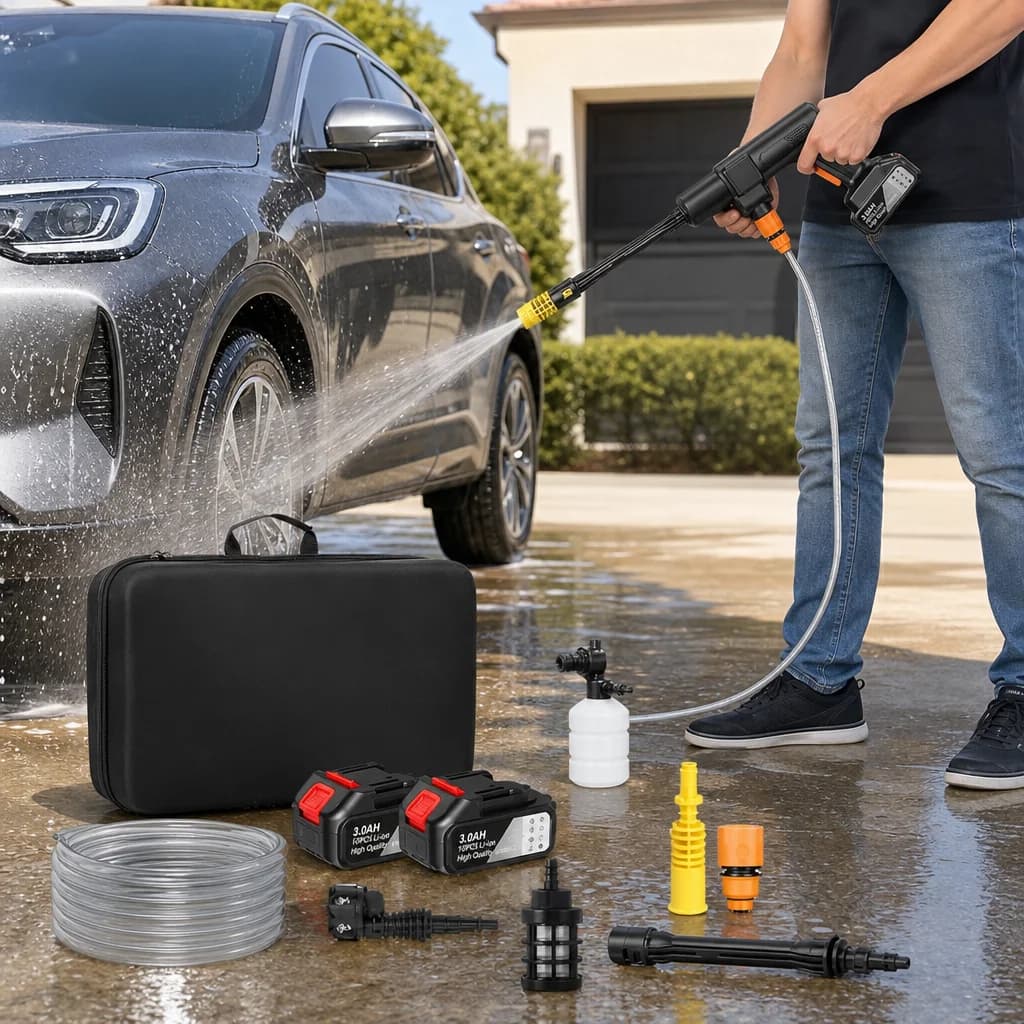 JetRinse being used for a driveway cleanup beside a car